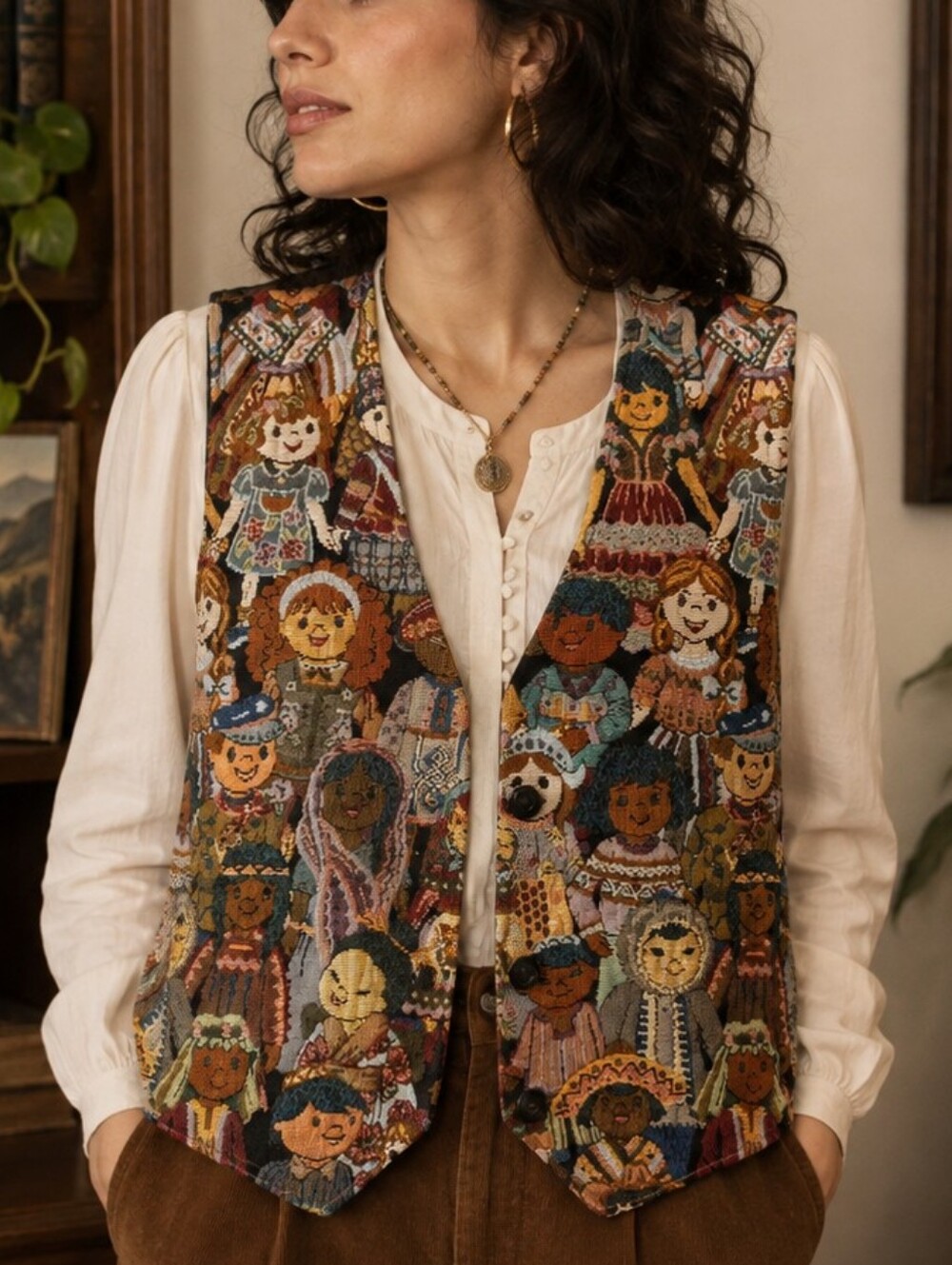 Folk Art Vest Multicultural Storybook Character Tapestry Button Front Large